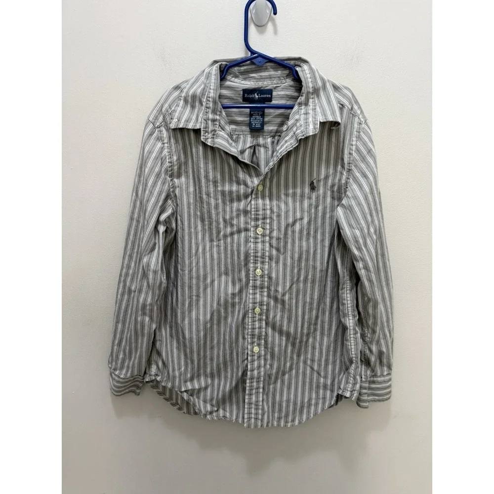 Ralph Lauren Boys Striped Long Sleeve Button Down Shirt Size M (10-12) Gray